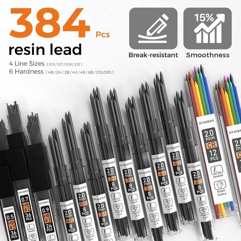 STAGEEK 35PCS Black Art Mechanical Pencil Set in Case，0.5 0.7 0.9 2.0 Graphite Metal Drawing Drafting Pencils, Sharpener Erasers 384PCS Lead Refills (6B 4B 2B HB 2H 4H Colors) for Writing Sketching - Image 5